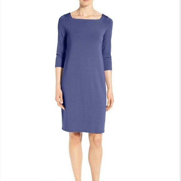 Eileen Fisher Square Neck Dress XS Stretch 3/4 Sleeve Business Casual Office - Picture 1 of 9